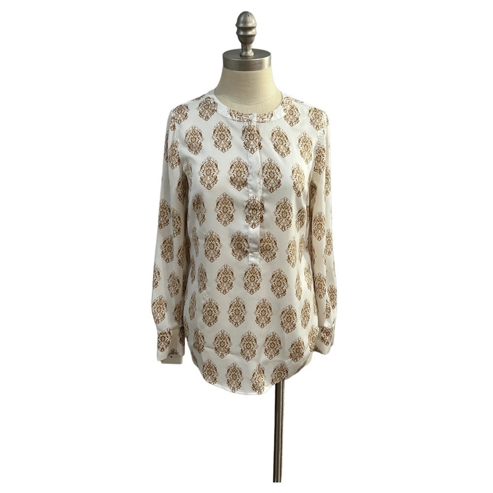 J CREW XXS Popover Tunic Top Blouse Printed Medallion Paisley White Tan